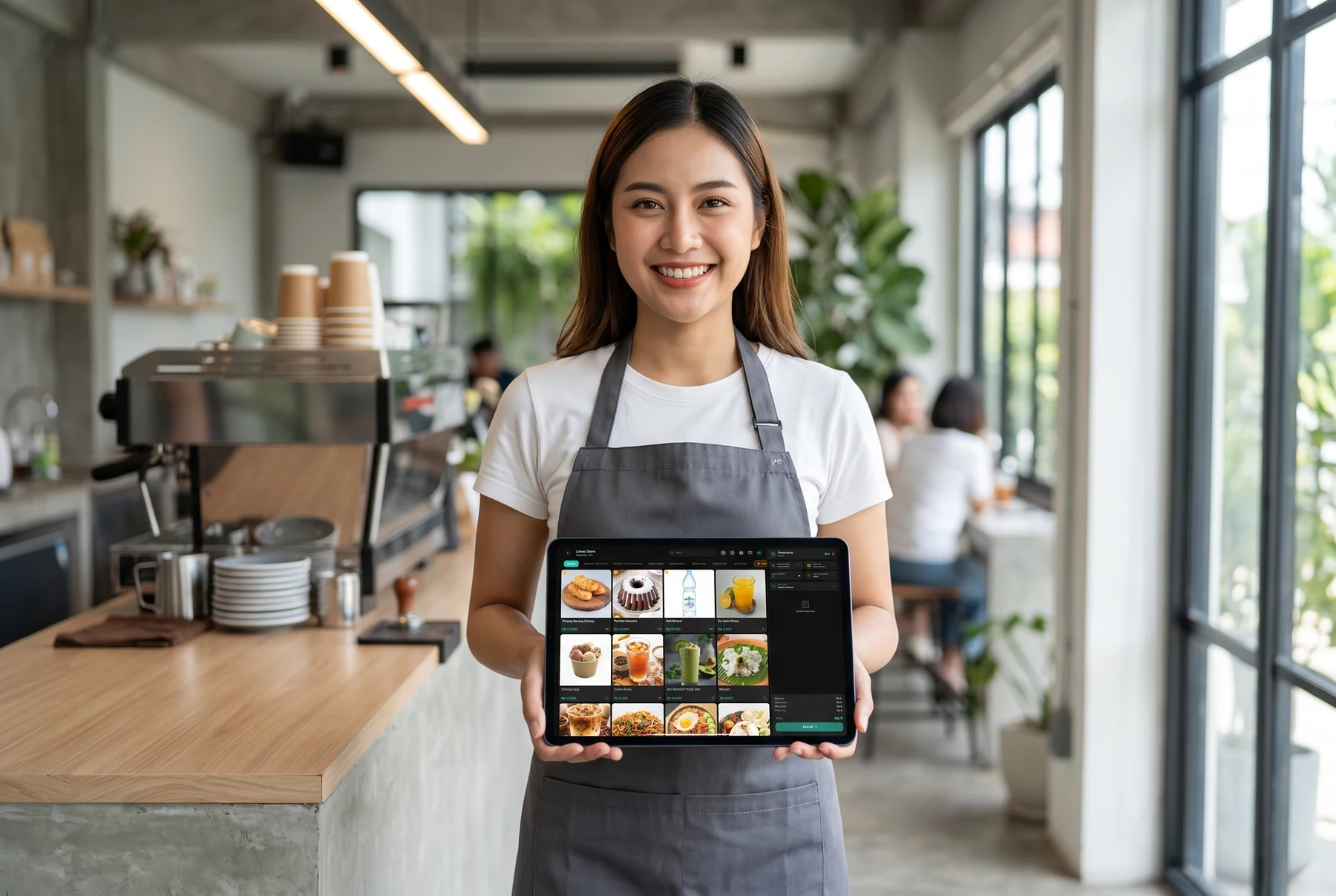 Barista kafe memegang tablet yang menampilkan layar kasir Laksa: katalog produk berfoto, kategori menu, dan keranjang pesanan