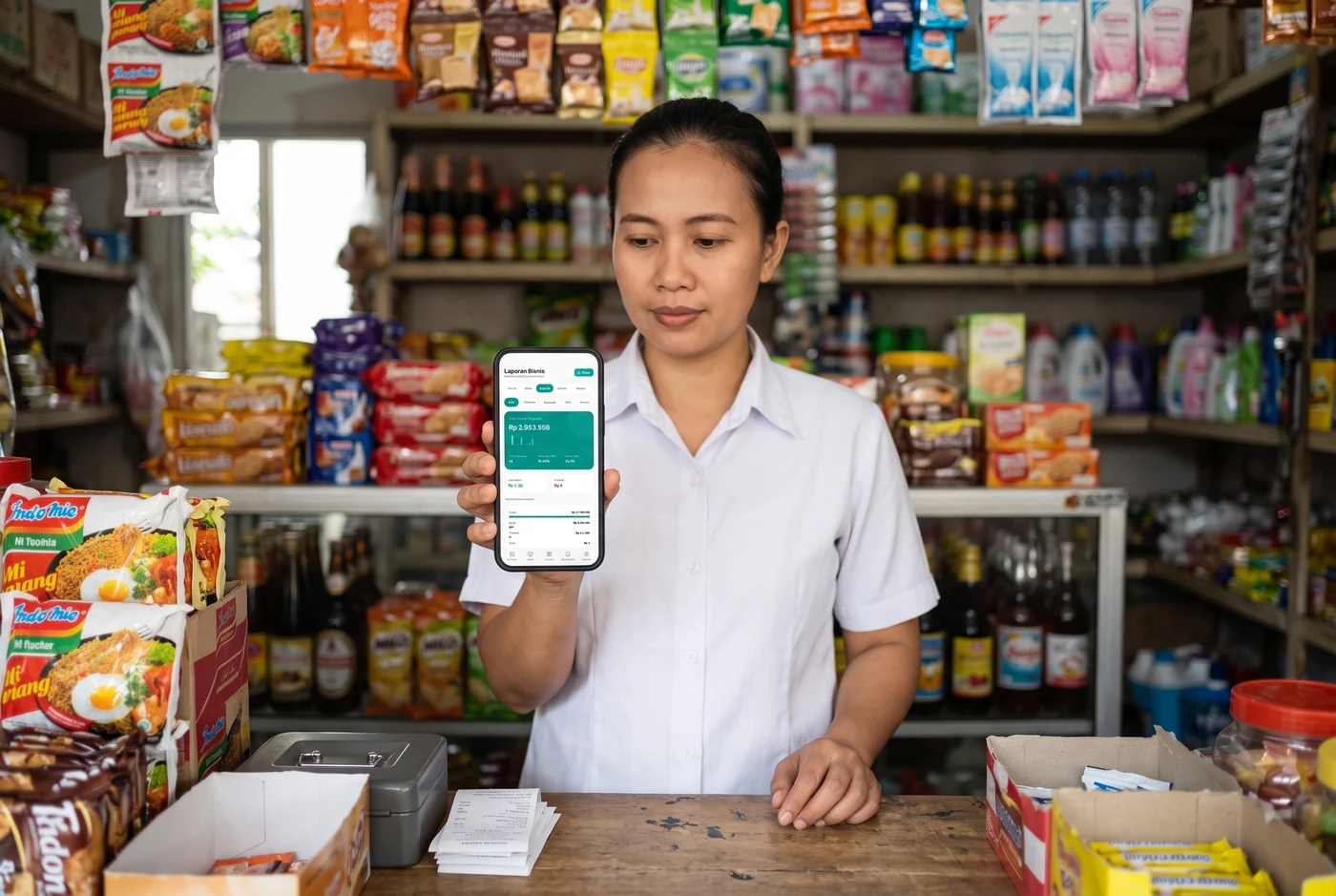 Pemilik warung memegang ponsel yang menampilkan laporan bisnis Laksa