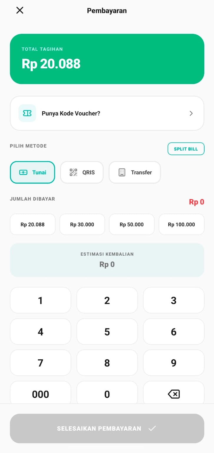 Layar pembayaran Laksa di ponsel dengan pilihan Tunai, QRIS, dan Transfer