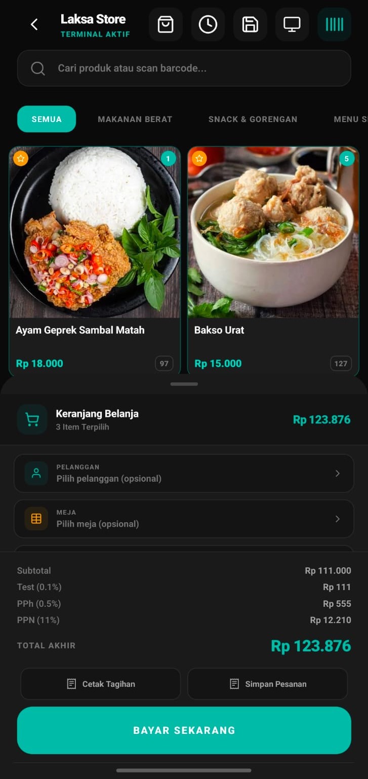 Kasir Laksa di ponsel dengan keranjang belanja dan rincian pajak