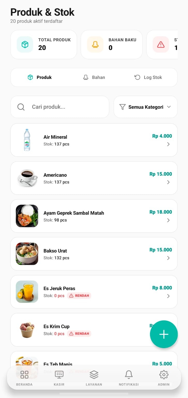 Daftar produk dan stok Laksa di ponsel dengan penanda stok rendah