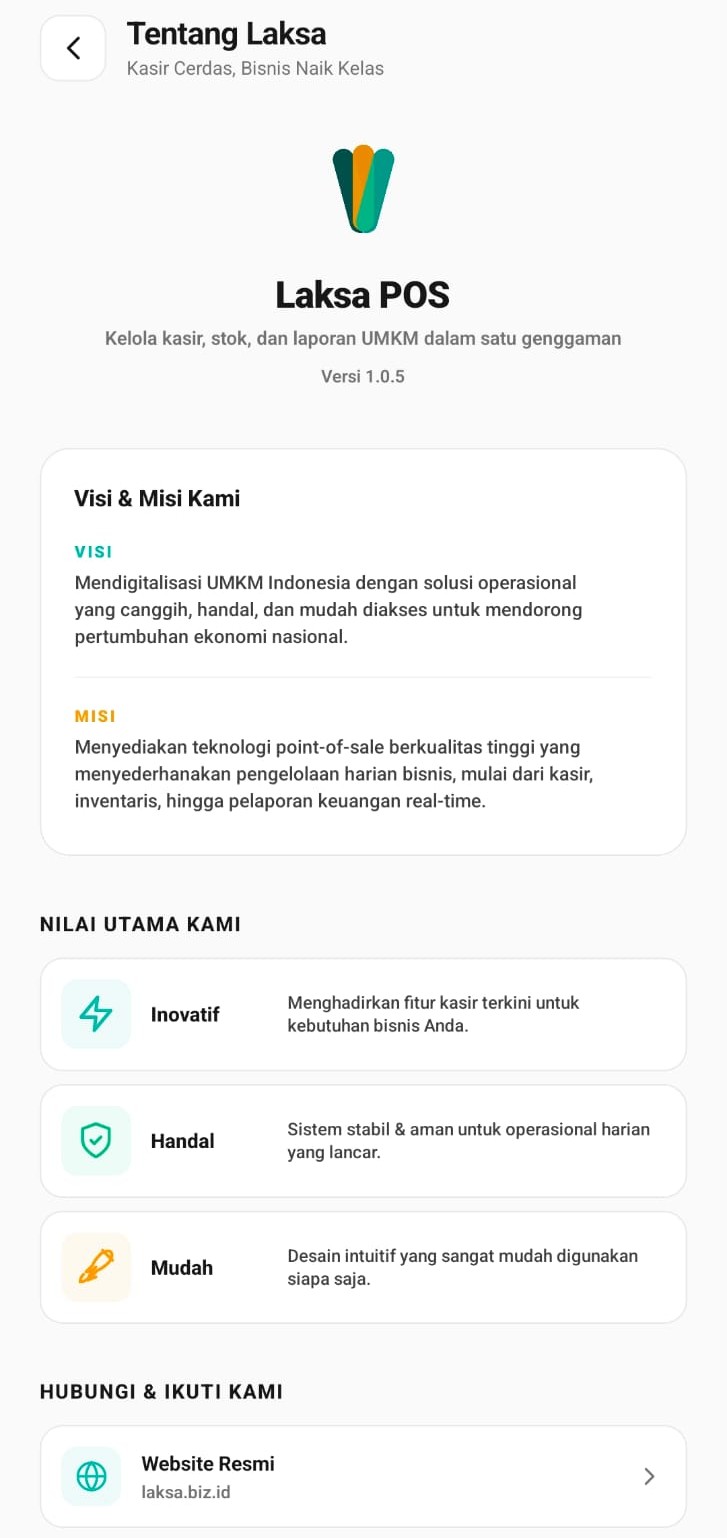 Halaman Tentang Laksa di ponsel berisi visi, misi, dan nilai utama