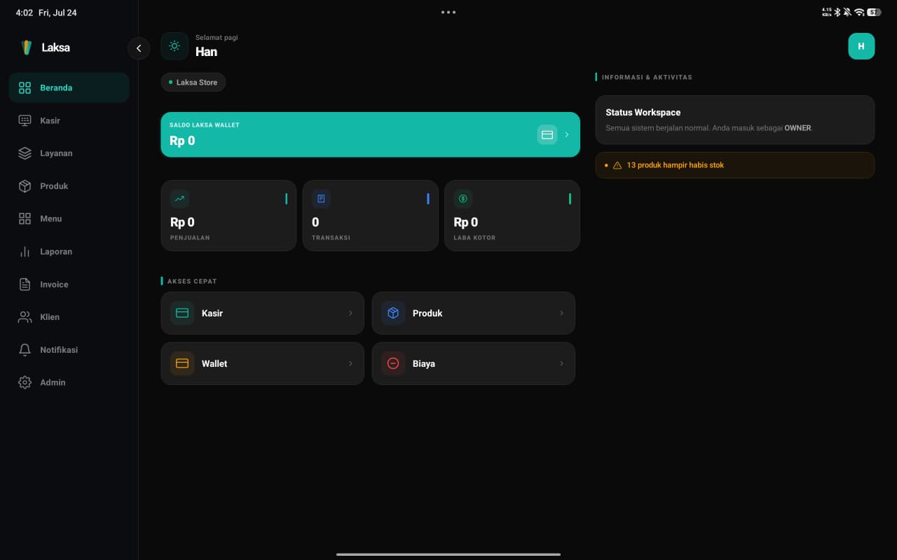Beranda Laksa di tablet dengan saldo Laksa Wallet dan akses cepat
