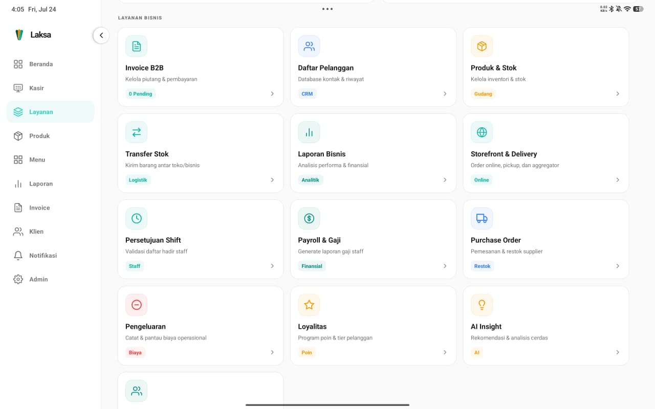 Menu layanan bisnis Laksa di tablet berisi invoice, payroll, purchase order, dan AI insight
