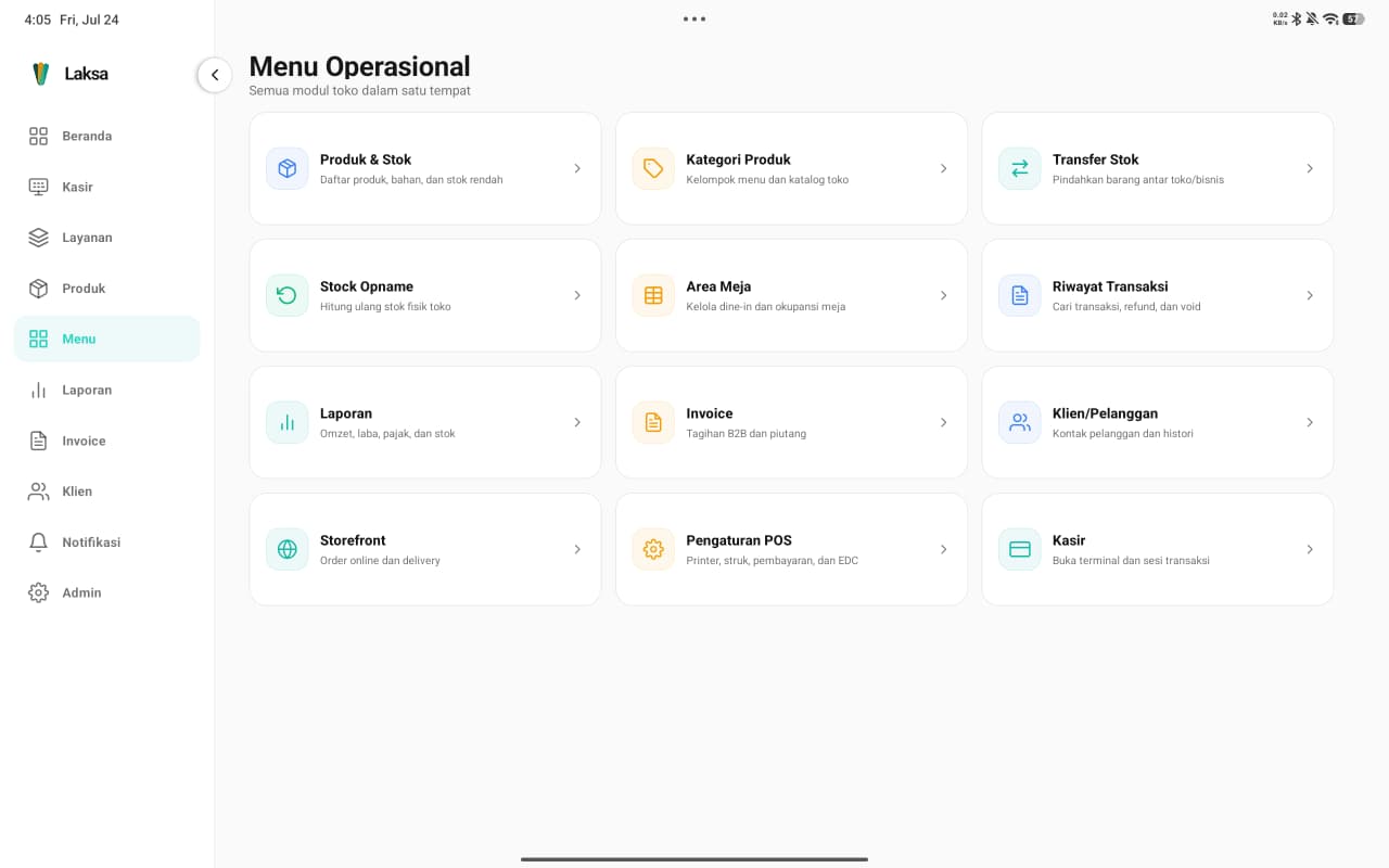 Menu operasional Laksa di tablet berisi produk, stock opname, area meja, dan storefront