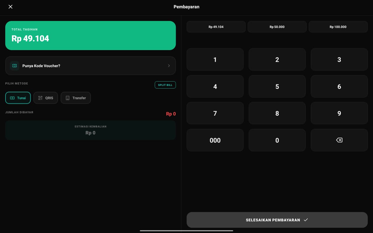 Layar pembayaran Laksa di tablet dengan keypad dan pilihan Tunai, QRIS, Transfer