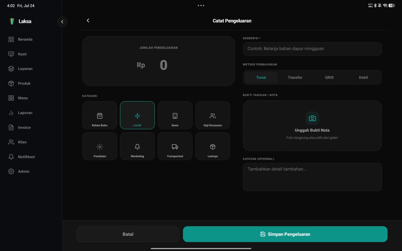 Form catat pengeluaran Laksa di tablet dengan kategori biaya dan unggah bukti nota